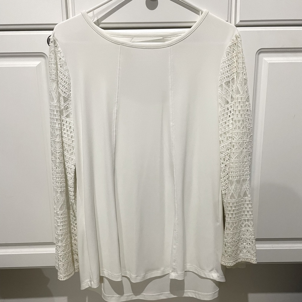 Womens one petite tunic with lace sleeves sheer fully lined white.
